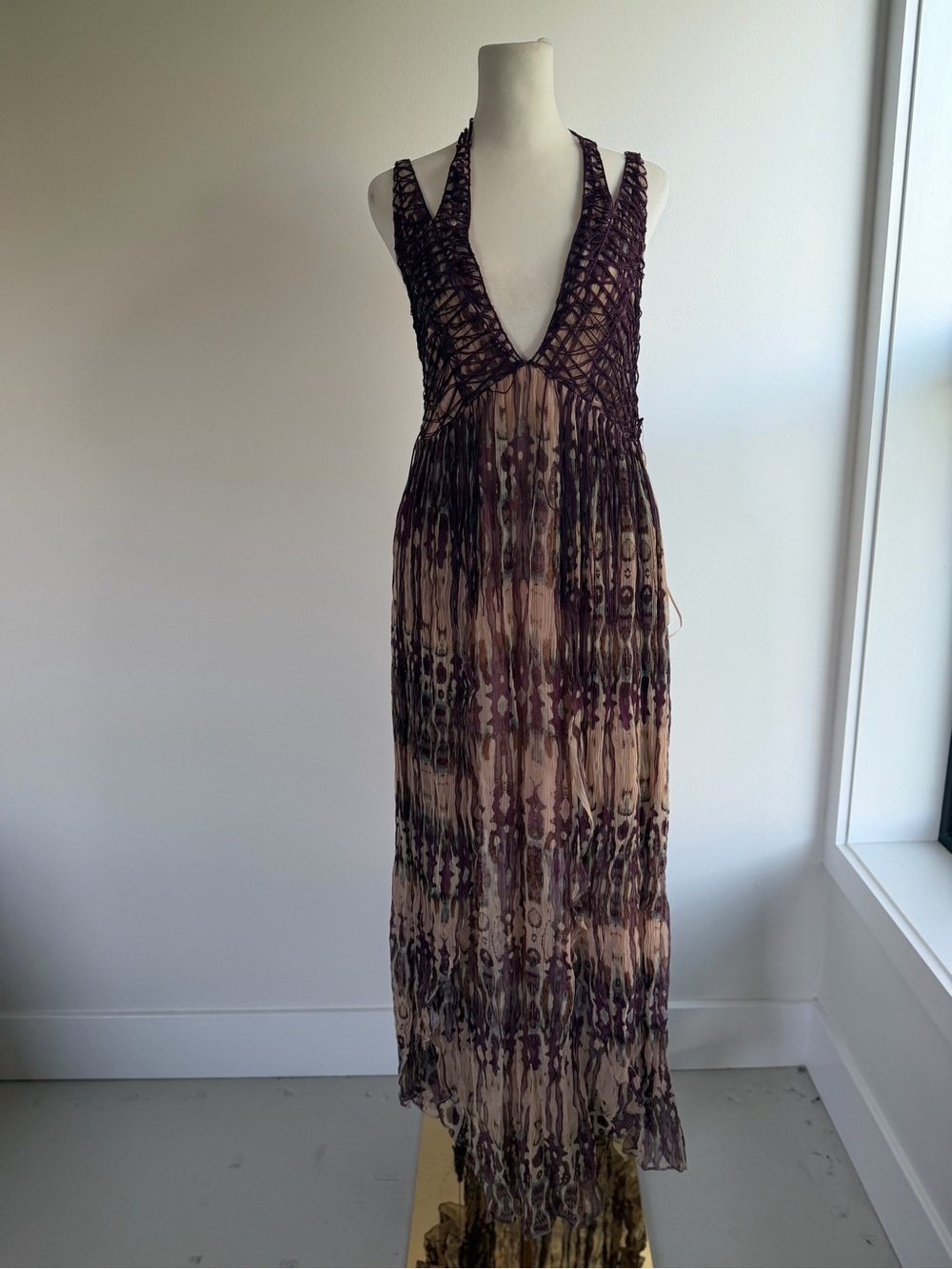 Free People Tie-Dye Crochet Side-Lace Maxi Dress in Mauve and Cream - Picture 5 of 9